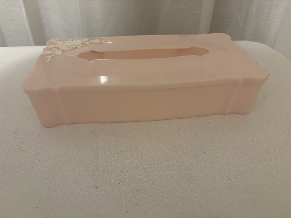 50s Vintage Plastic Tissue Box Holder Pink Schwarz Bros Hinge Top Floral Rose